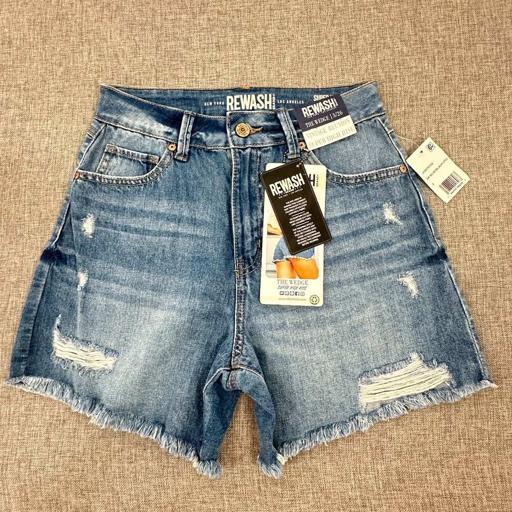 NEW! REWASH Cut Off Denim Shorts‎ Fringe Distressed Super High Rise 3/26 MSRP$30